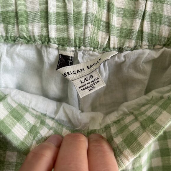 American Eagle 2 Piece Crop Top Flowy Pants Large Green Lined Gingham Hippie - Picture 10 of 16